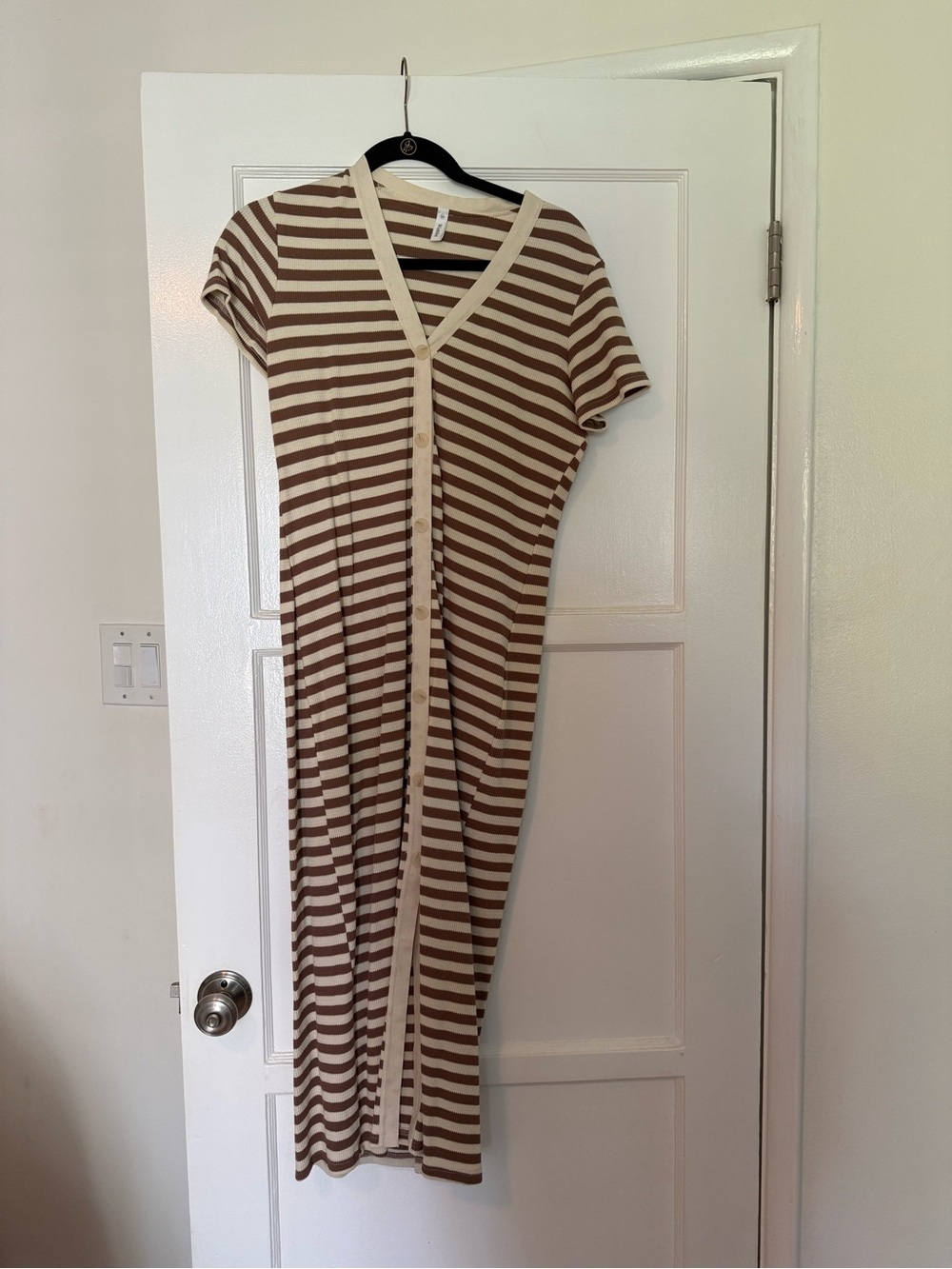Striped Button-Front Midi Dress in Brown and Cream